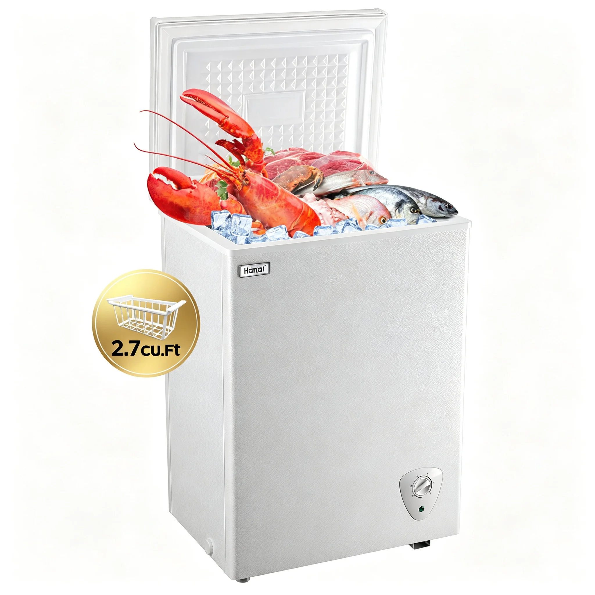 WANAI 2.7 Cubic Small Deep Freezer with Top Open Door and Removable Storage Basket, 7 Gears Temperature Control, Ideal for Office Dorm or Apartment, White/Black