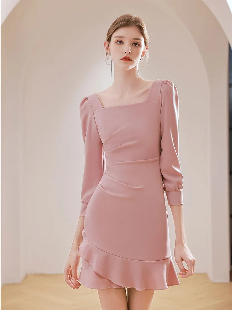 

Pink Evening ort Tailored Dr Women's Faionable mid Waist Zipper Sle Long Sve Pure Color Ball Gown for Parties Wed...