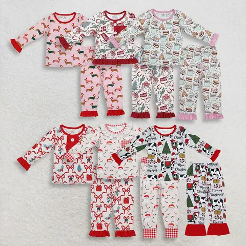 Pigiama di bambù natalizio per bambina e sorella, pigiama di bambù a maniche lunghe, rosa, per bambini, set di indumenti da notte per le vacanze per neonati