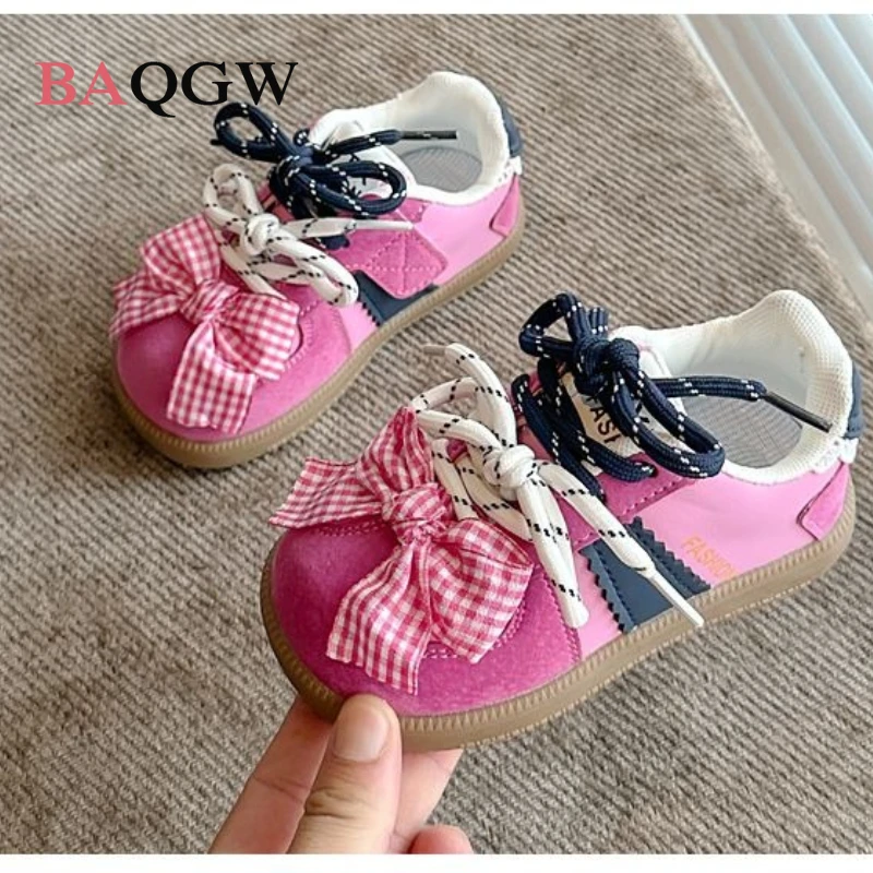 Cute Plaid Bow Patchwork Kids Sneakers Color Block Lace-Up Casual Sports Shoes for Toddler Girls Daily Wear Size 21-30