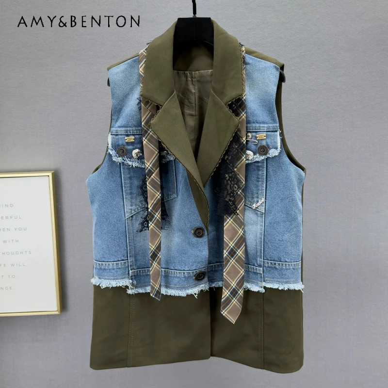 Retro Design Medium Long Denim Splicing Women's Suit Vests Spring 2026 Loose Thin Versatile Sleeveless Waistcoat Jacket Ladies