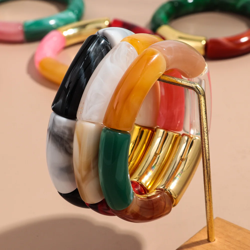 New Colorful Big Bamboo Tube Beads Acrylic Bracelets Bangle for Women Men Boho Stretch Curved Resin Bracelet Stack Jewelry Gifts