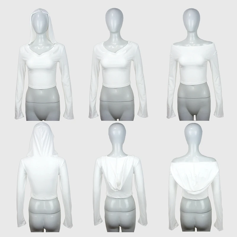 Flare Langarm-Crop-Top mit Kapuze für Damen, Herbst 2025, einfarbig, elastisch, lässig, T-Shirt, Pullover, Florkragen, Y2k-T-Shirt 2526 – Detail 8
