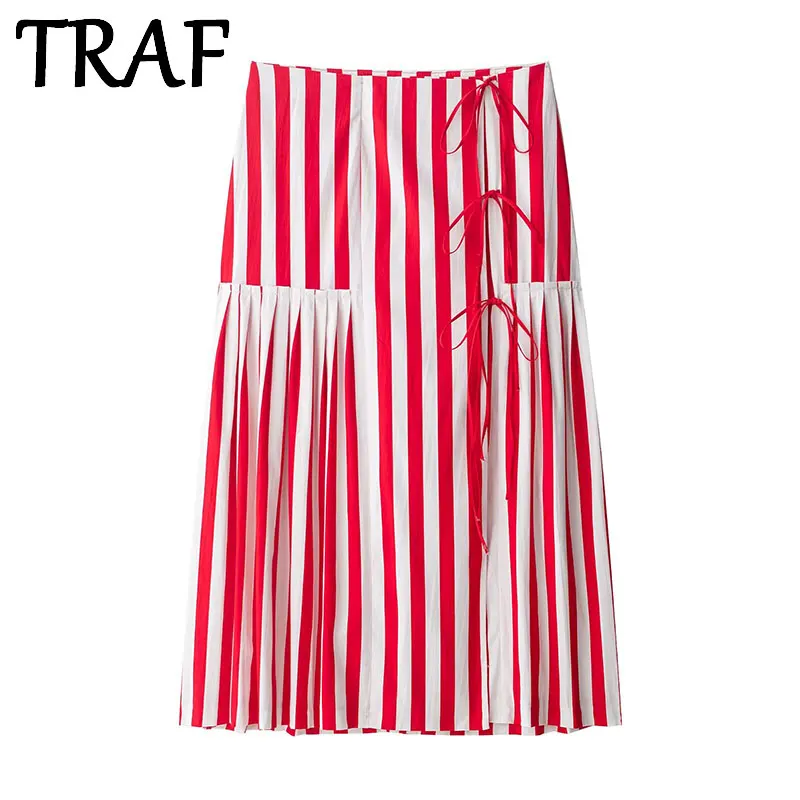 

TRAF Red white stripes Long Skirts For Lace-up Elegant Women's Skirts Summer 2025 High Waist Casual Loose Woman Midi Skirt ﻿