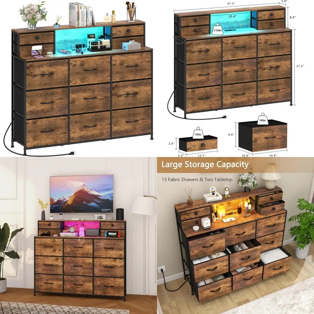Large 13-Drawer Rustic Dresser with Integrated Charging Station and LED Lighting for Bedroom and Living Room