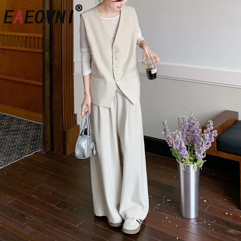 

EAEOVNI офисный женский комплект из 2 предметов, модный жилет без рукавов с v-образным вырезом и пуговицами + широкие брюки, новинка 2025, одежда 1A1035