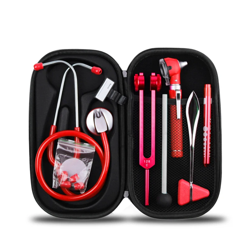 Red Medical Health Monitor Storage Case Accessory Kit and Stethoscope Otoscope Tuning Fork Reflex Hammer LED Penlight Torch Tool