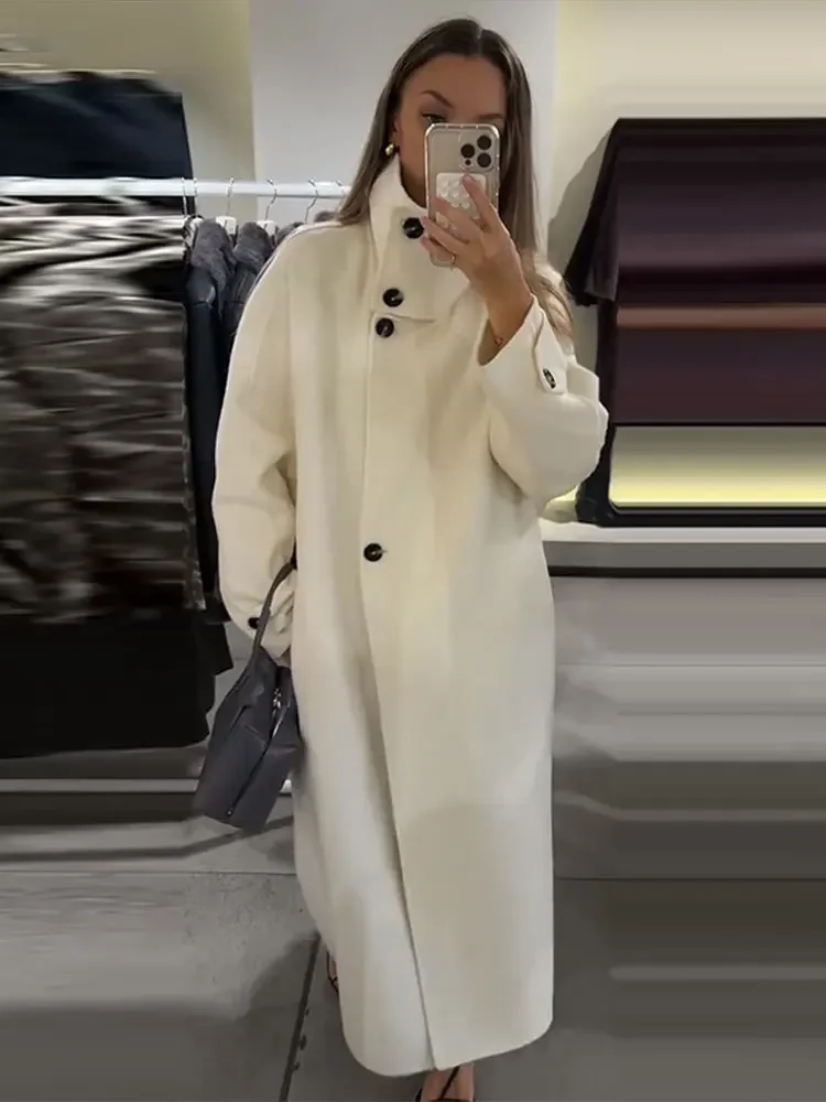 

Stand Collar Solid Women Overcoat Loose Single Breasted Long Sleeve Casual Coat Street Commute Lady New Outerwear Winter Warm