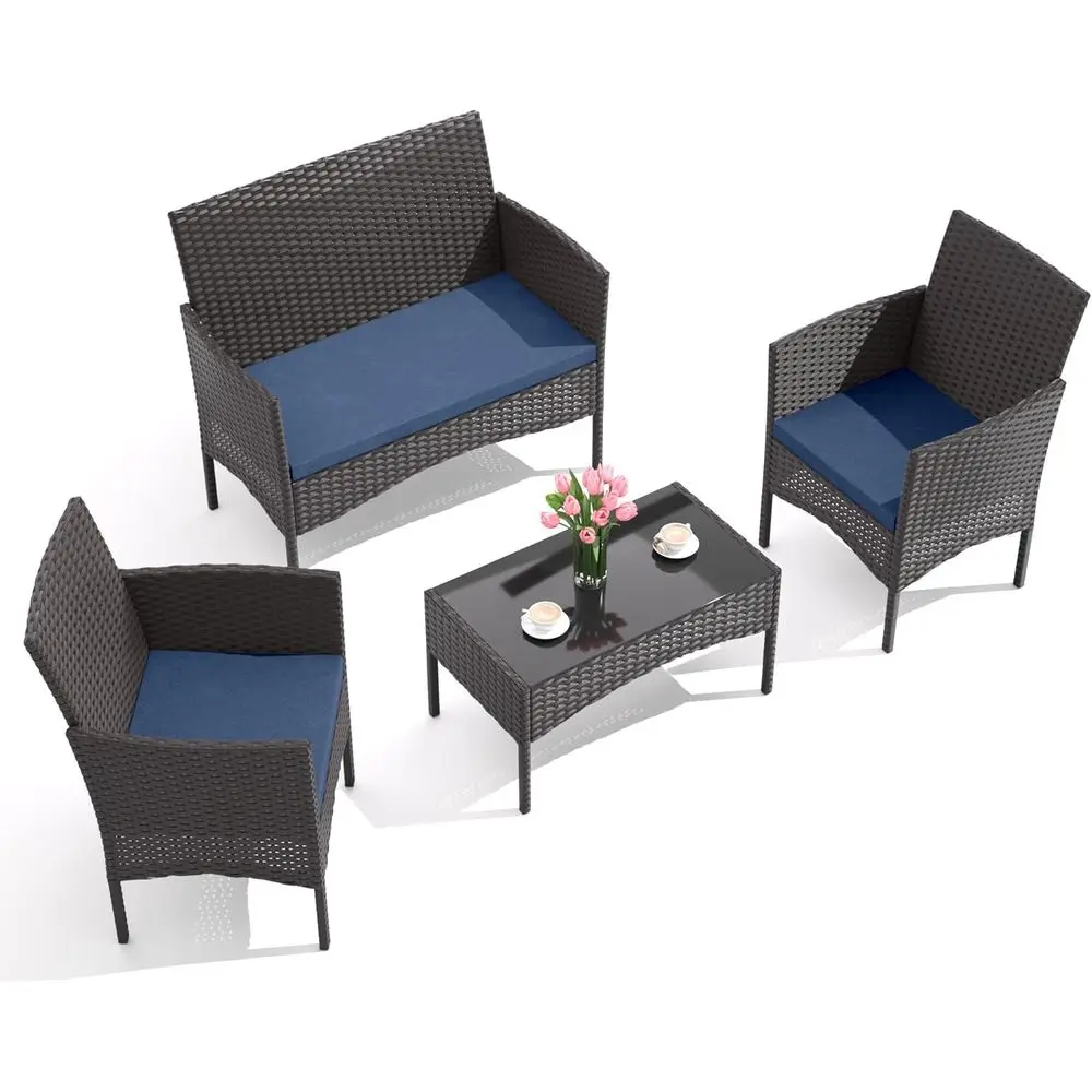 

4-Piece Outdoor Patio Furniture Set: Wicker Rattan Chairs, Sofa, Cushions, Glass Coffee Table for Lawn, Porch, Pool, Garden (Nav
