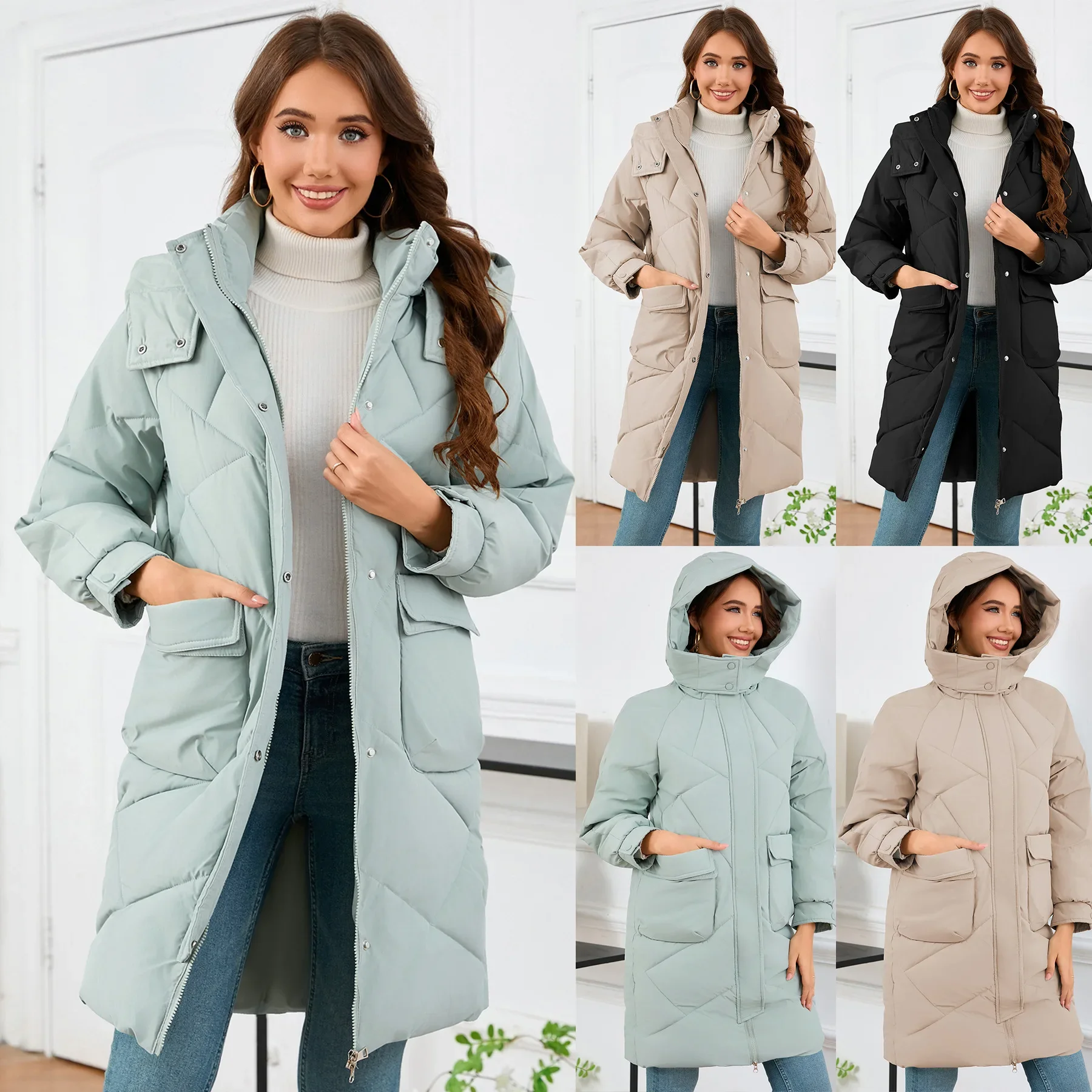 2024 autumn and winter women's new mid-length cotton coat foreign trade stand-up collar hood long-sleeved warm slim cotton coat