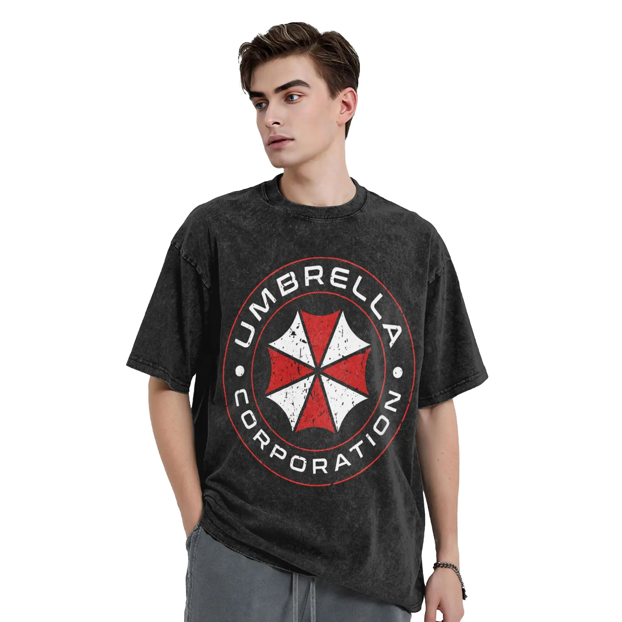 Men's T Shirt Umbrella Corporation Washed T Shirts Harajuku  Beach Tee Shirt Y2K Basic Design Casual Tops Plus Size