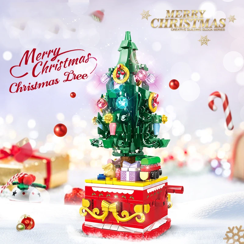 MOC 2026 New Winter Santa Claus Christmas Tree Building Blocks Set Rotating Room Pendant Atmosphere Decoration Toy For Xmas Gift