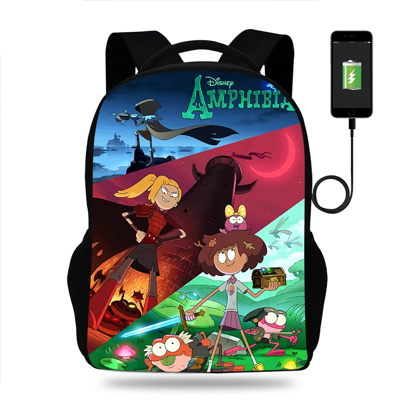 Fashion Amphibia Cartoon Backpack Boy Girl Teenager School Bag USB Charging Daily Travel Large Capacity Backpack Mochila