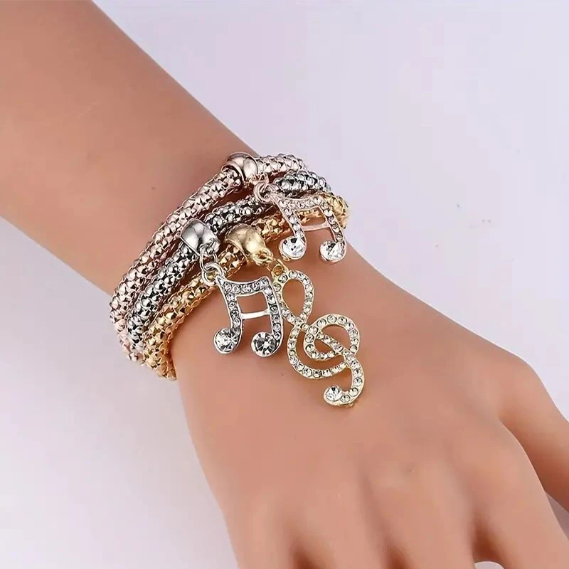 3-teiliges Set Herz-Schloss-Schlüssel, Musikzeichen, Charm-Armband, Eule, Rosévergoldung, silberfarbene Kette, Owm-Charm-Armreif, Schmuckset – Detail 3