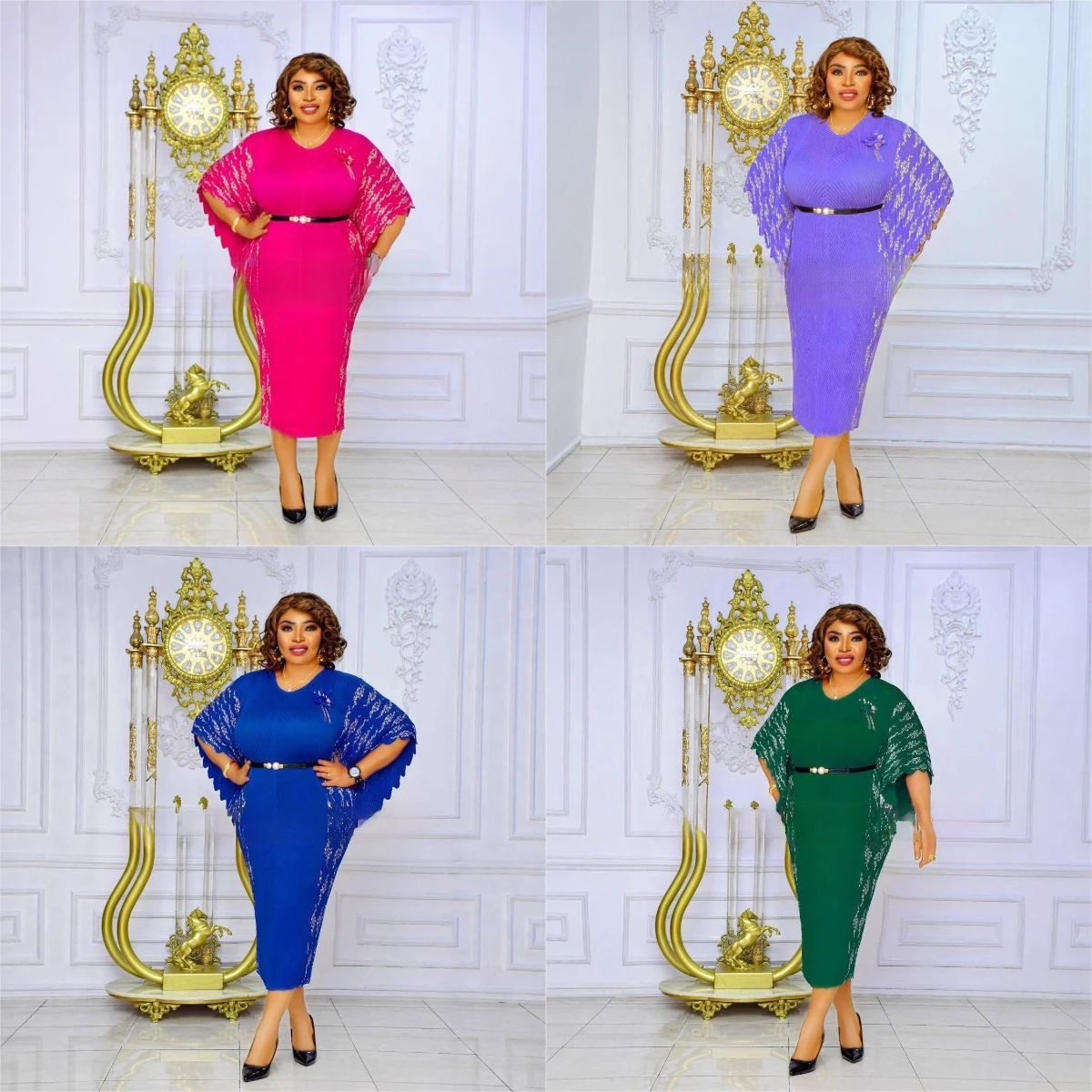 

Miyake Pleated V-neck Hot Stamping Temperament Bat Sleeve Plus Size Dress Three-dimensional Flower Women's Cross-border Non