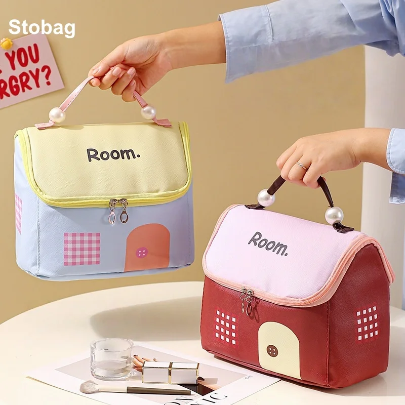 StoBag 2pcs Color Small House Makeup Bags with Handle Cute Cosmetic Packaging Storage Travel Handbag Portable Pouch Organizer