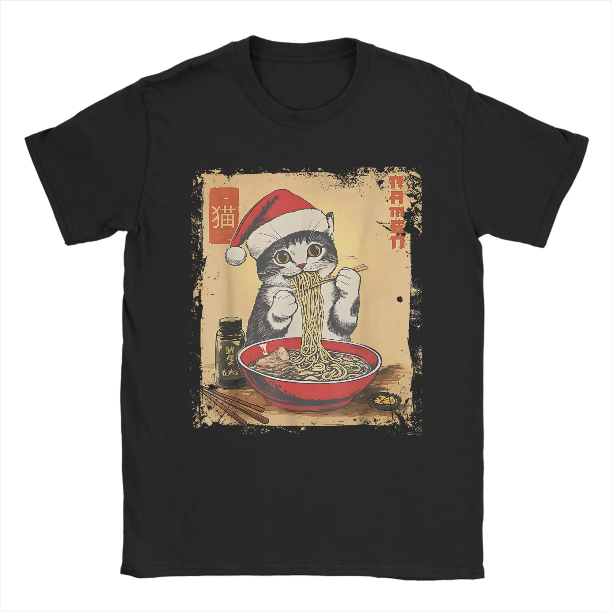 Funny Christmas Santa Cat Ramen Japanese Kawaii Anime Cat T Shirt  T Shirts Short-Sleeved Tshirt Cotton Round Neck Oversize Tees