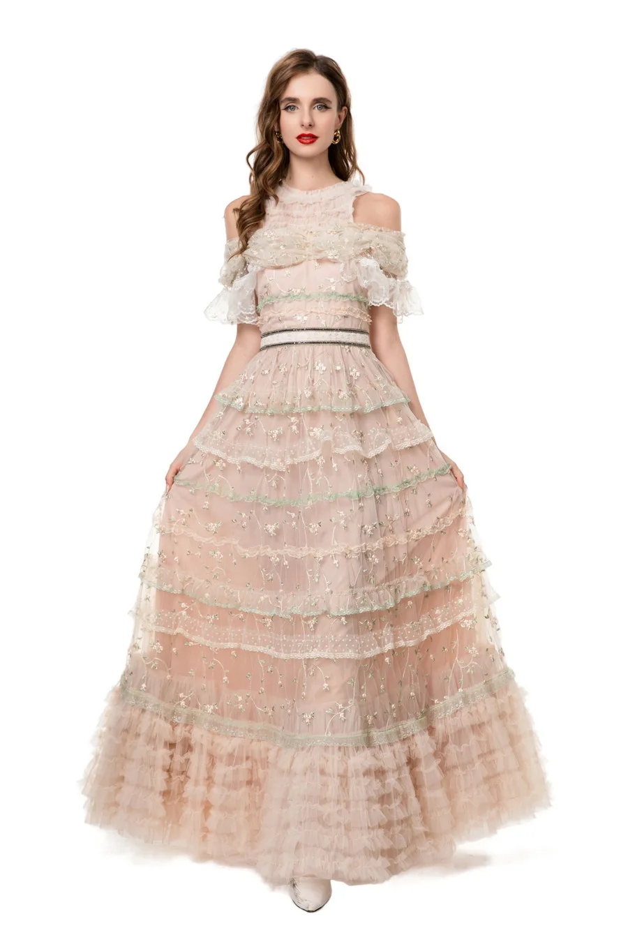 Meyyithun vestido feminino flores bordado miçangas maxi vestido manga curta em camadas babados vestido de festa vintage 250611mz01