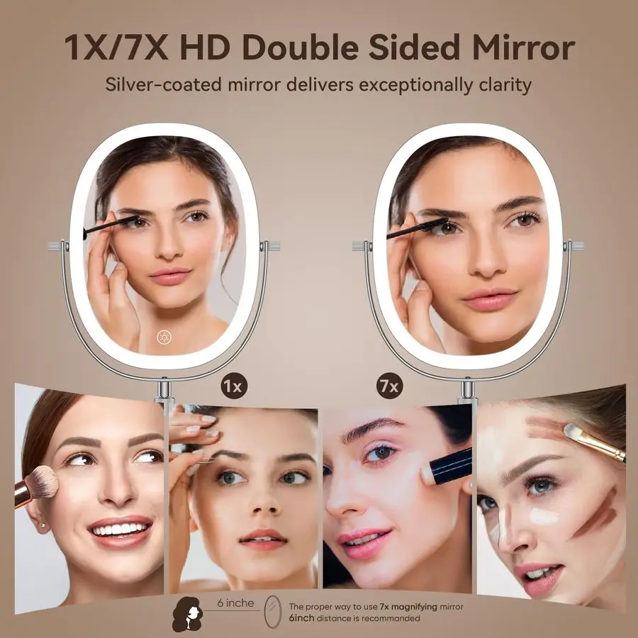 ライト付き化粧鏡、7倍拡大、高さ調節可能なバニティミラー、充電式3色照明モード、360度回転式