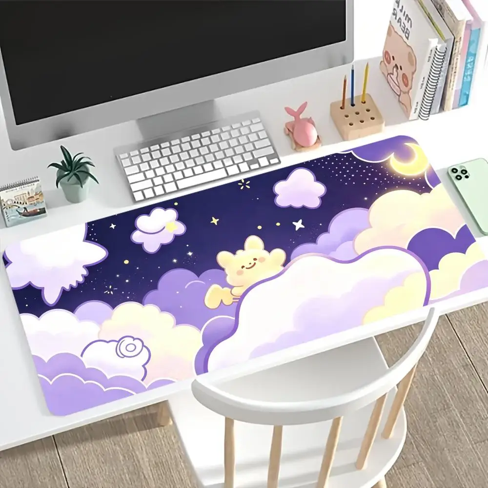 Kawaii Night Sky Cloud Print Gaming Mouse Pad Large Desk Mat Anti-Slip Rubber Base Stitched Edge