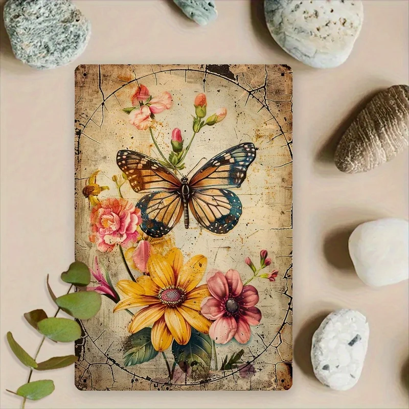 

[Graphic] Retro Butterfly and Floral Metal Signage, 8x12 Inch Iron Wall Decor - Vernacular Floral Design with Butterflies