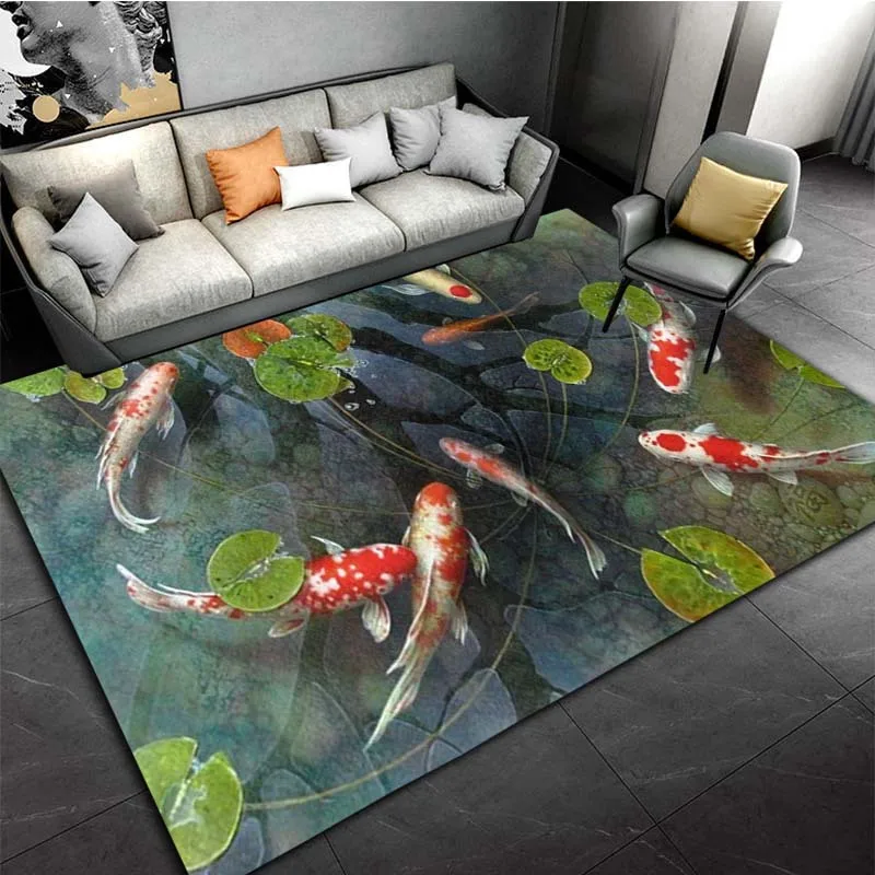1pc 3D Koi Fish Pattern Carpet Kitchen Mat, Vintage Boho Anti-Slip Polyester Carpet, Entrance Doormat, Household Rug for Hallway