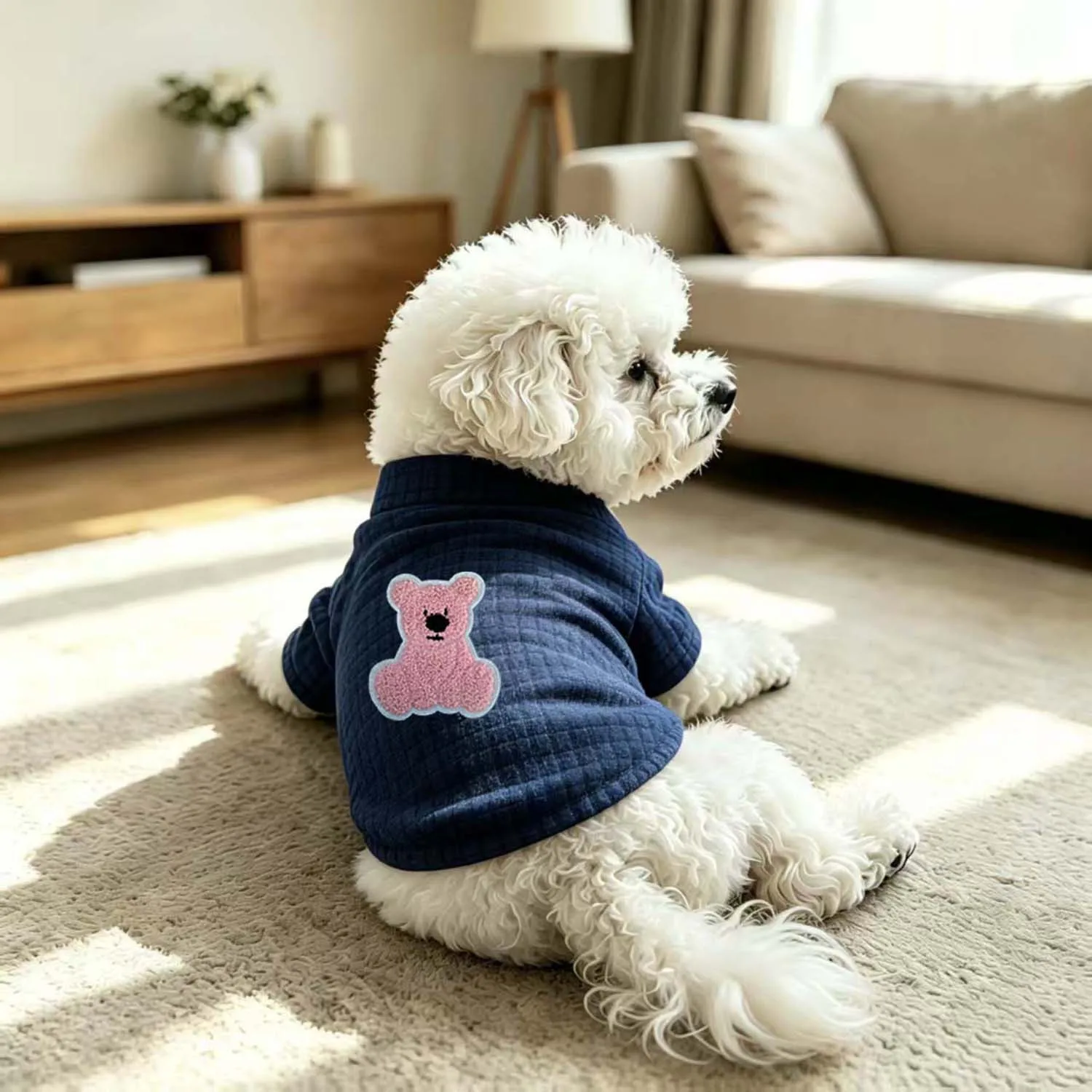 Marineblaues Waffelstrick-Hundeshirt - Rosa Bären-Stickerei auf der Rückseite Haustierkleidung für Kleine Rassen