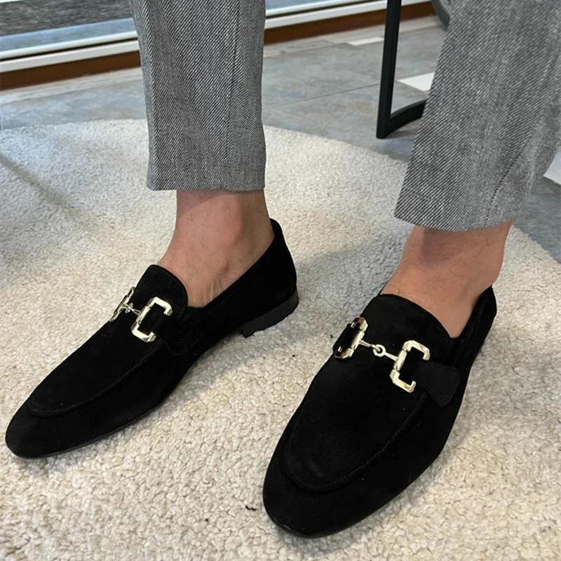 Loafers Men Shoes Black Beige Flock Round Toe Metal Decoration Men Dress Shoes Slip on Men Shoes