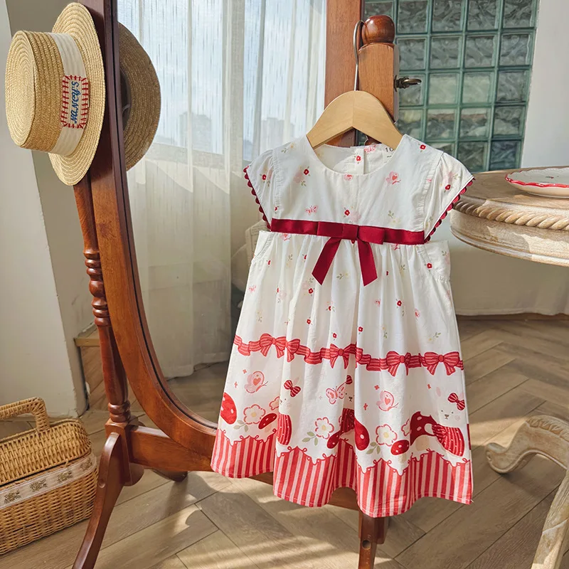 

2026Summer girls' dress with round neck, lace skirt, cartoon print dress, bowknot girls' dress