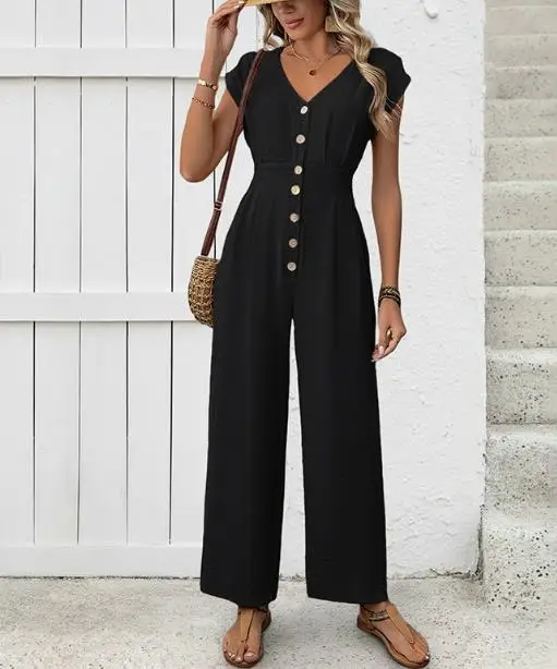 

2026 Summer New Jumpsuit Casual V-Neck Open Button Wide Leg Jumpsuit