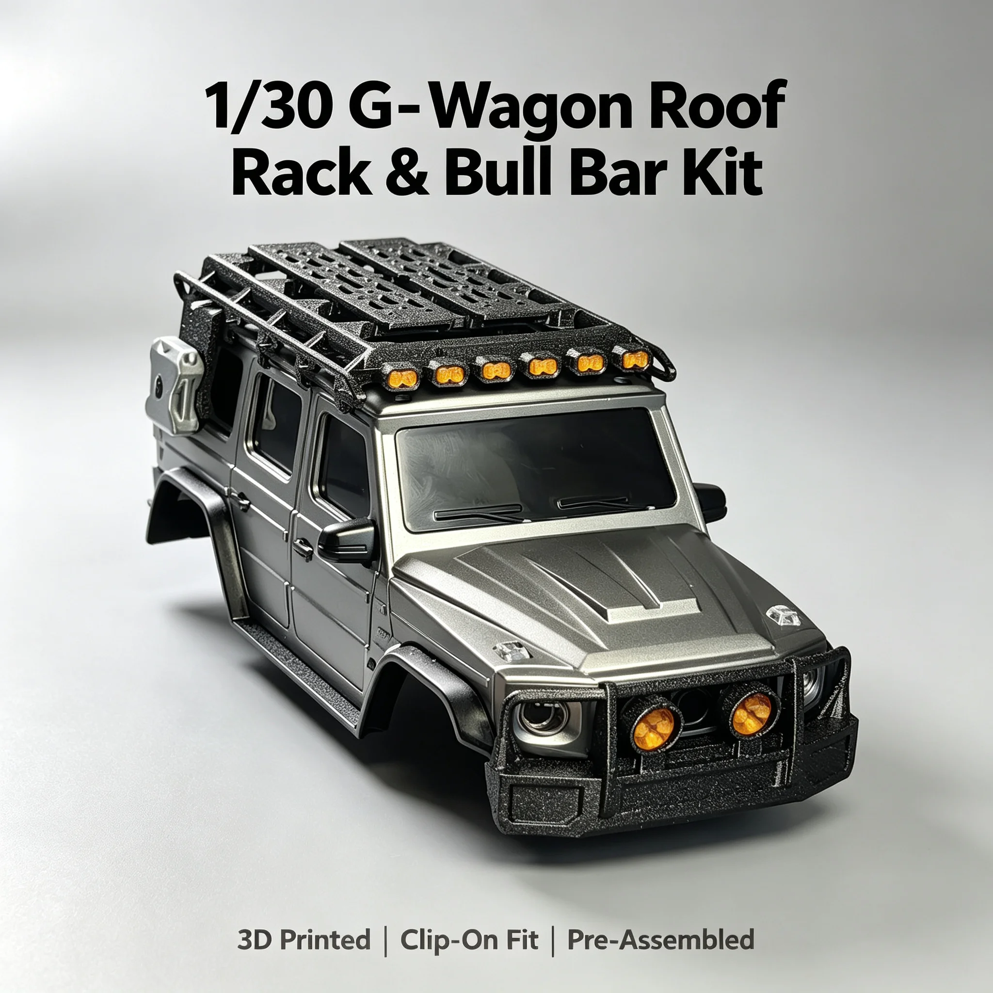 axial-scx30、jjrc30、ax30-1-30スケールのルーフラック＆ブルバー、3dプリント製gクラスキット、装飾用スケールライトバケットに適合。