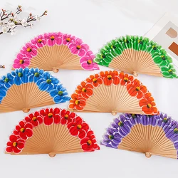 Classical Wooden Hand Fan Handmade Painted Flower Folding Fans Chinese Style Kung Fu Fan Craft Catwalks Dance Cosplay Props