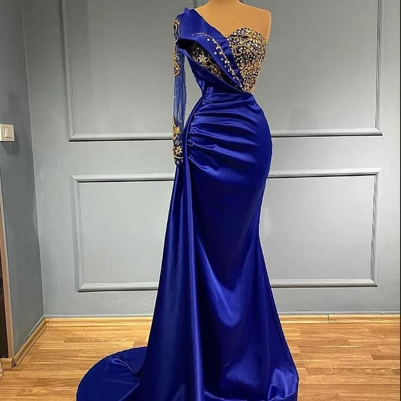 

BridalAffair Royal Blue Satin Mermaid Evening Dress Formal Party Gowns One Shoulder Rhine Beads Split Women 2022 Prom Dress