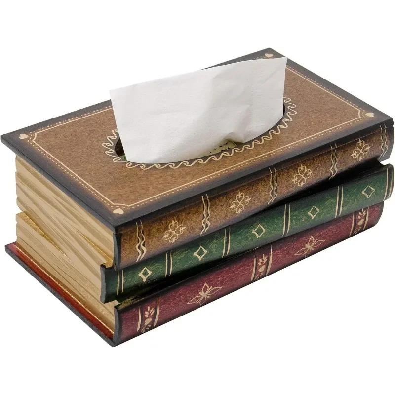 Car Classical Retro Wooden Antique Book Rectangular Tissue Holder Decor for Home Office
