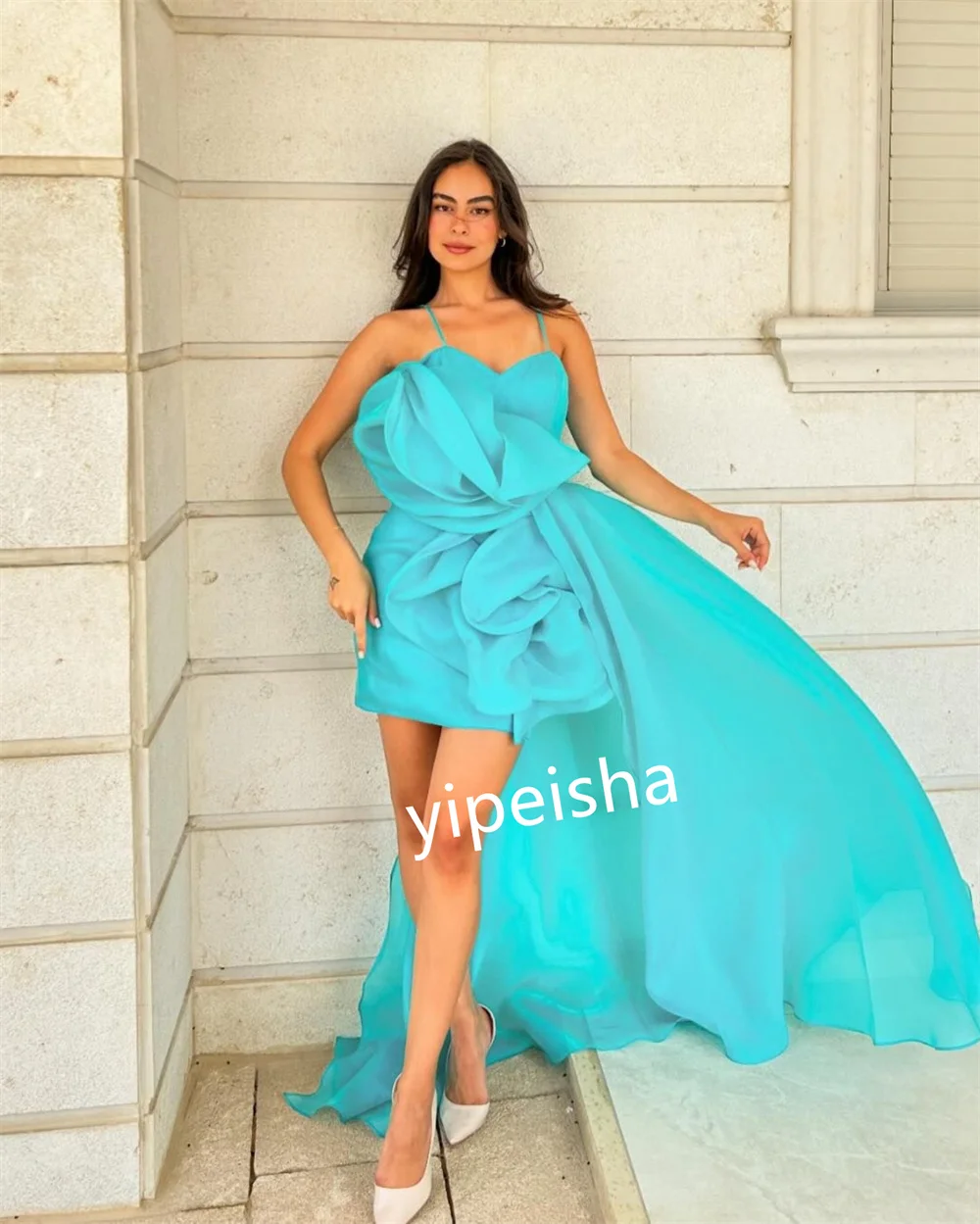 Exquisitos Vestidos cortos plisados de gasa hechos a mano con flores, línea A, tirantes finos, quinceañera, estilo chino, clásico y Sexy