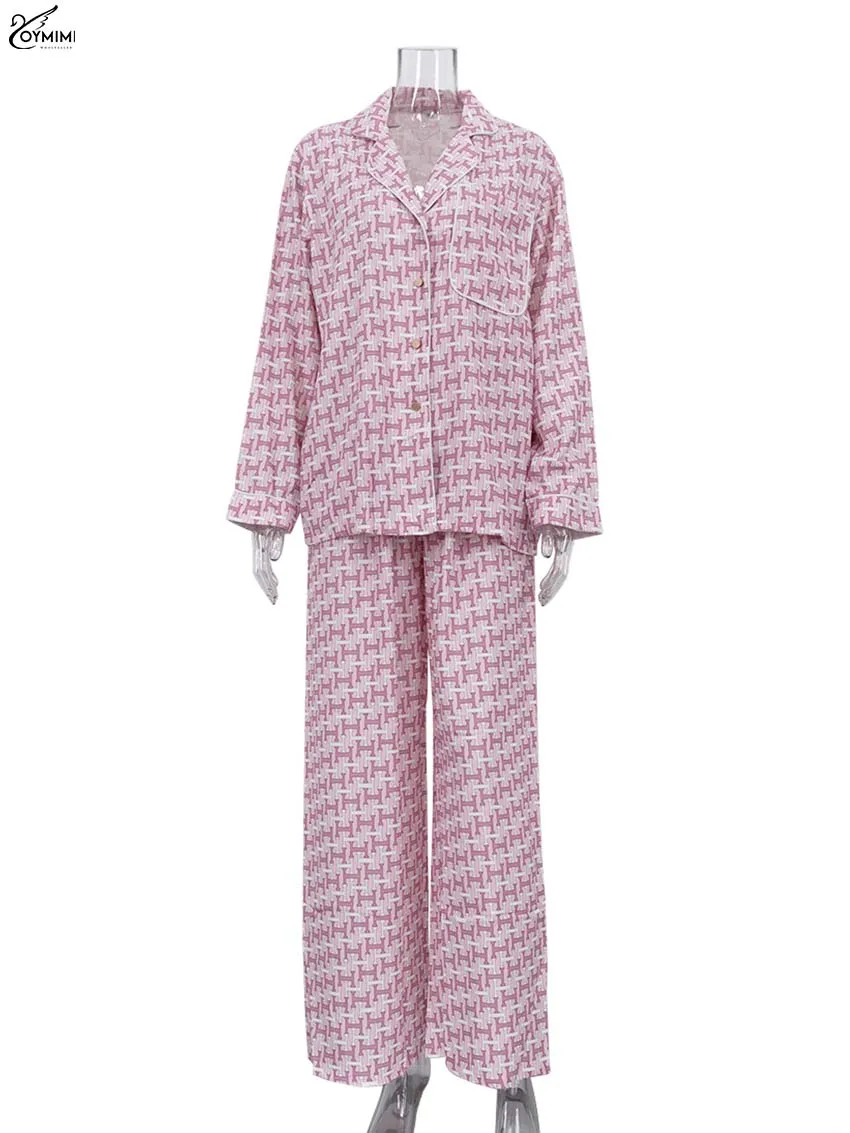 Oymimi Fashion Pink Print Women 2 Piece Set Outfit Elegant Long Sleeve Pockets Button Shirts + High Waist Straight Trousers Set view 5