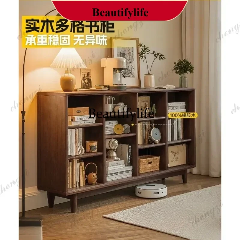 Solid wood bookcase Student home bookshelf Floor shelf Integrated against the wall Living room Simple lattice bookcase d178