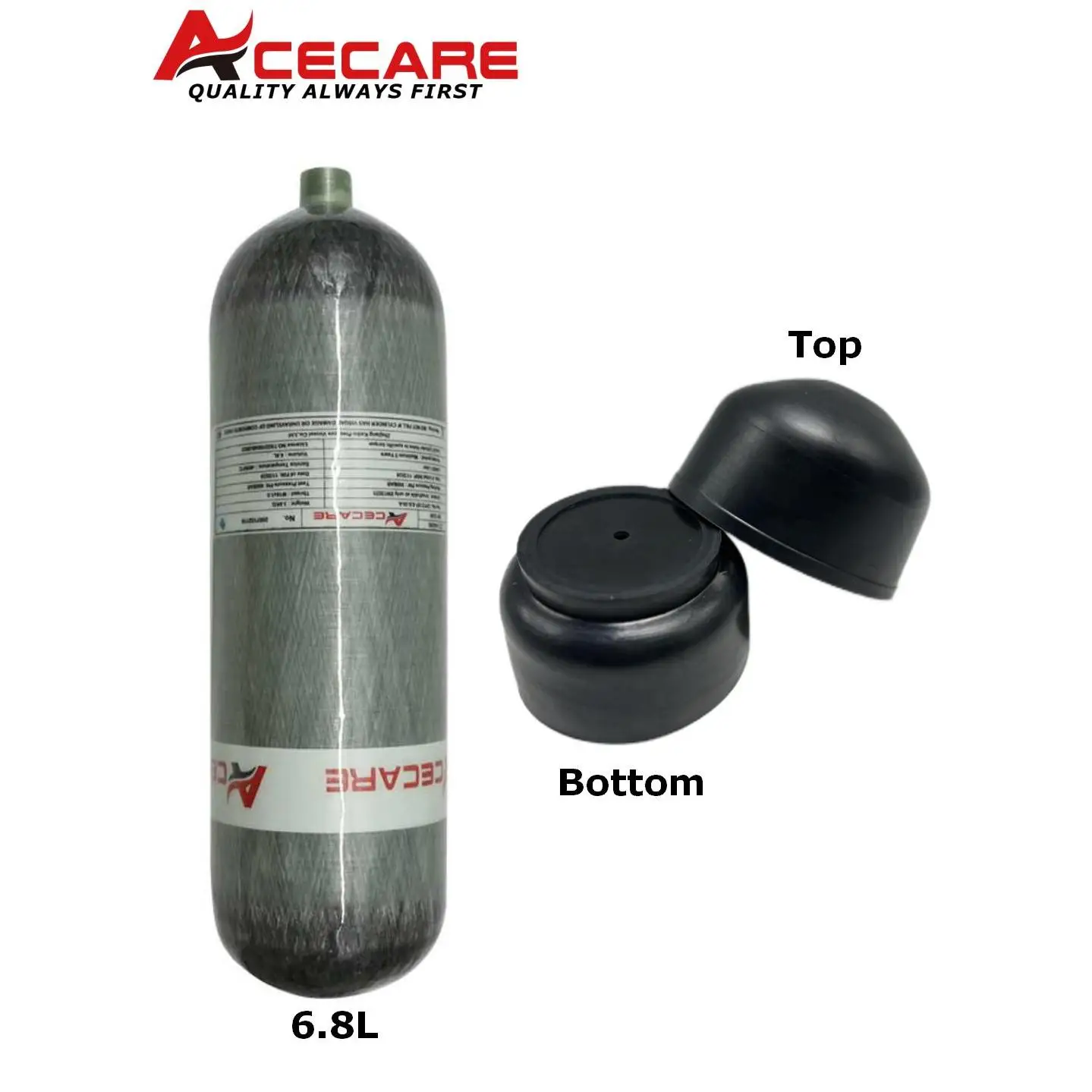 ACECARE-cilindro de fibra de carbono para buceo, tanque de buceo con protección de goma, 30Mpa, 300Bar, 4500Psi, HPA, 6,8l, CE