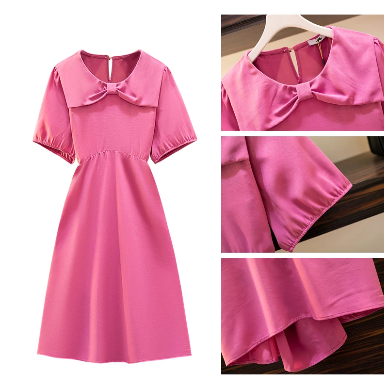 Plus size women\'s summer casual dress Black pink polyester fabric loose comfortable skirt mid-length party dress 2024