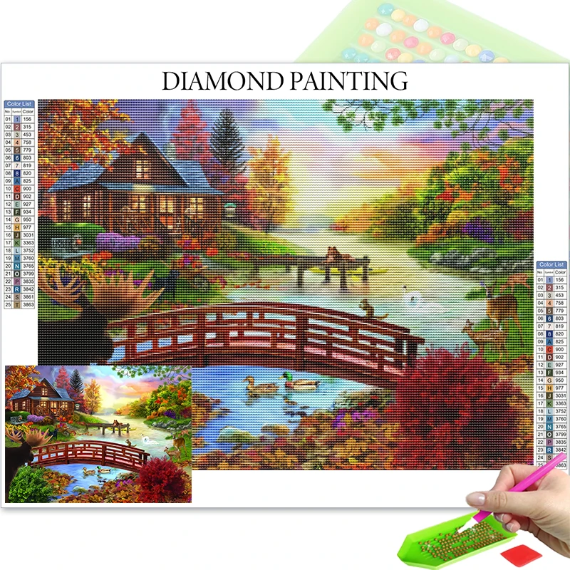 Diamond Art Painting Kits Mountains And Rivers Landscape Mosiac Stream Flows Bridge Scenic Cross Stitch Crafts Supplies Adults