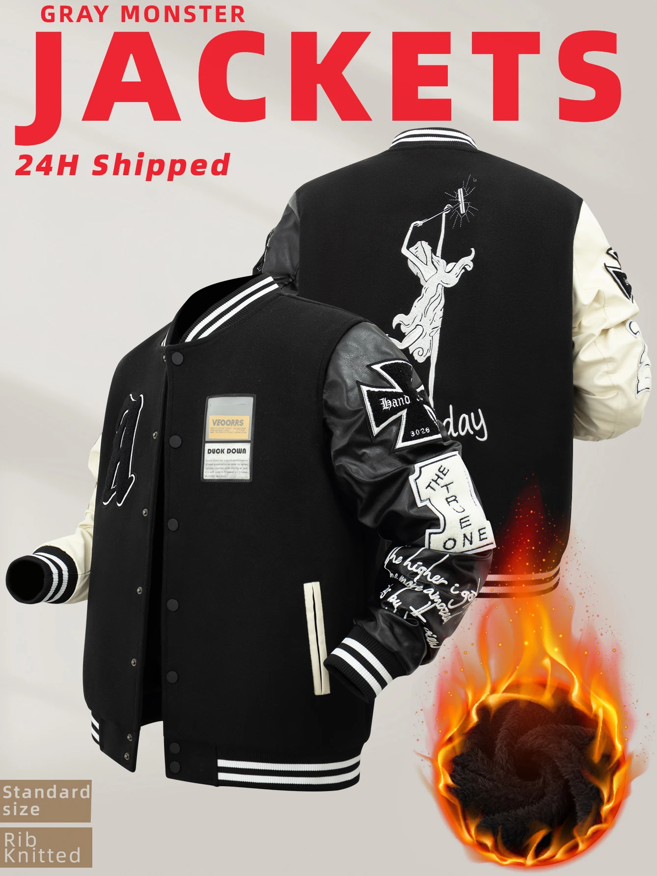 Men\'s Plush Inner Bomber Jackets Loose Wool+Leather Varsity Baseball Coats Vintage Graphic Embroidery Jacket For Fall&Winter