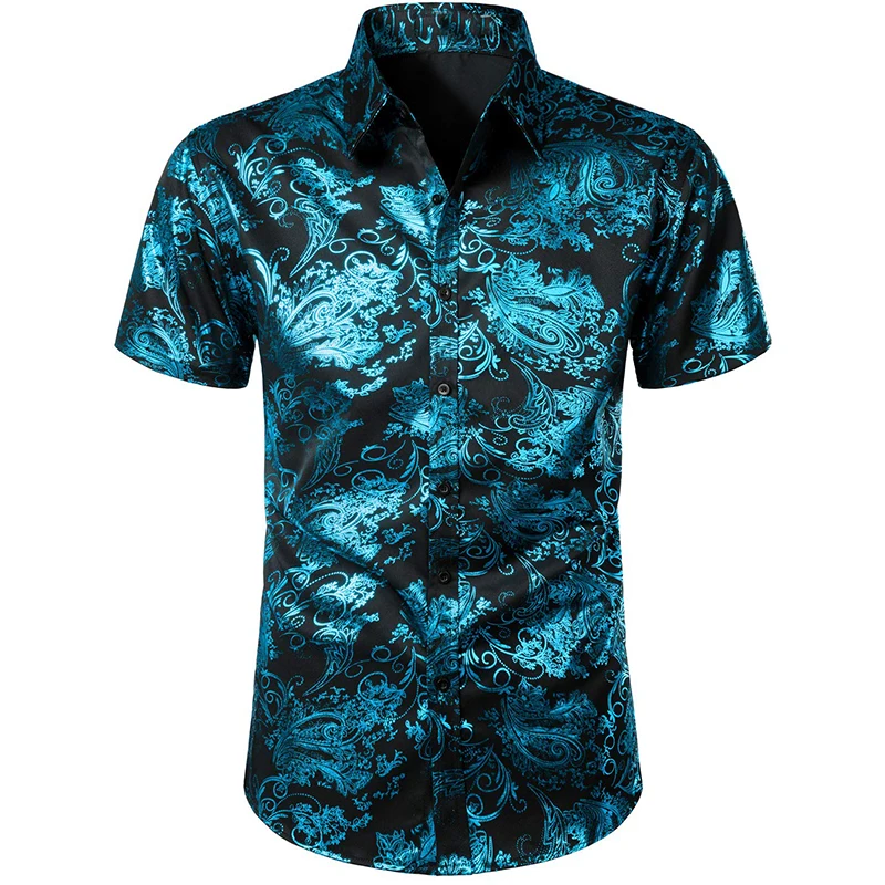 Men\'s Luxury Stylish Slim Fit Shirts 3d Full Print Gold Flower Button Up Dress Shirt For Men Summer Short Sleeve Tee Tops