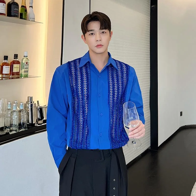 Senior Squnied Party Dinner Banquet Blouse Men Male Boy Date Tops Formal Buniness Office Work Oversize Loose Relax Holiday Shirt