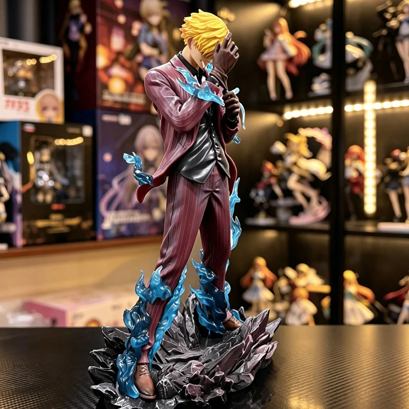 Estatua de exhibición de Sanji Vinsmoke de One Piece, Saga de Wano, Figura de anime con efecto de llama azul y pie de viento del diablo, Adorno de escritorio