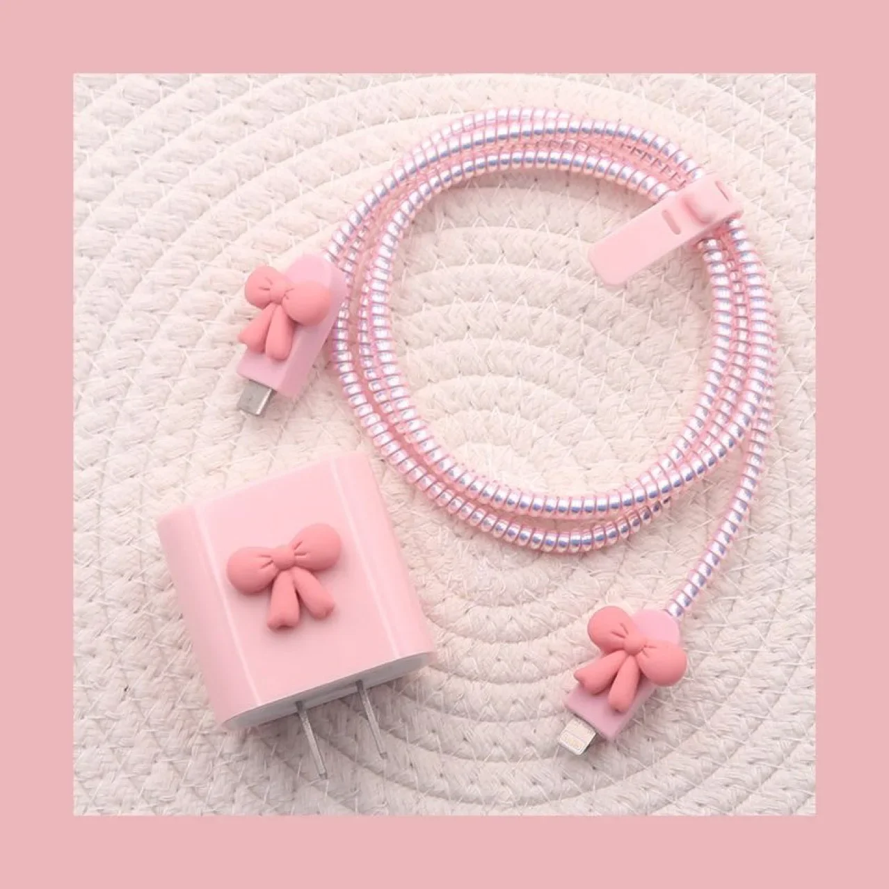 Cute Pink Bow Charging Case 20w Charger Protective Case For IPhone 15 Love Heart Data Cable Management Cord Winder Kit