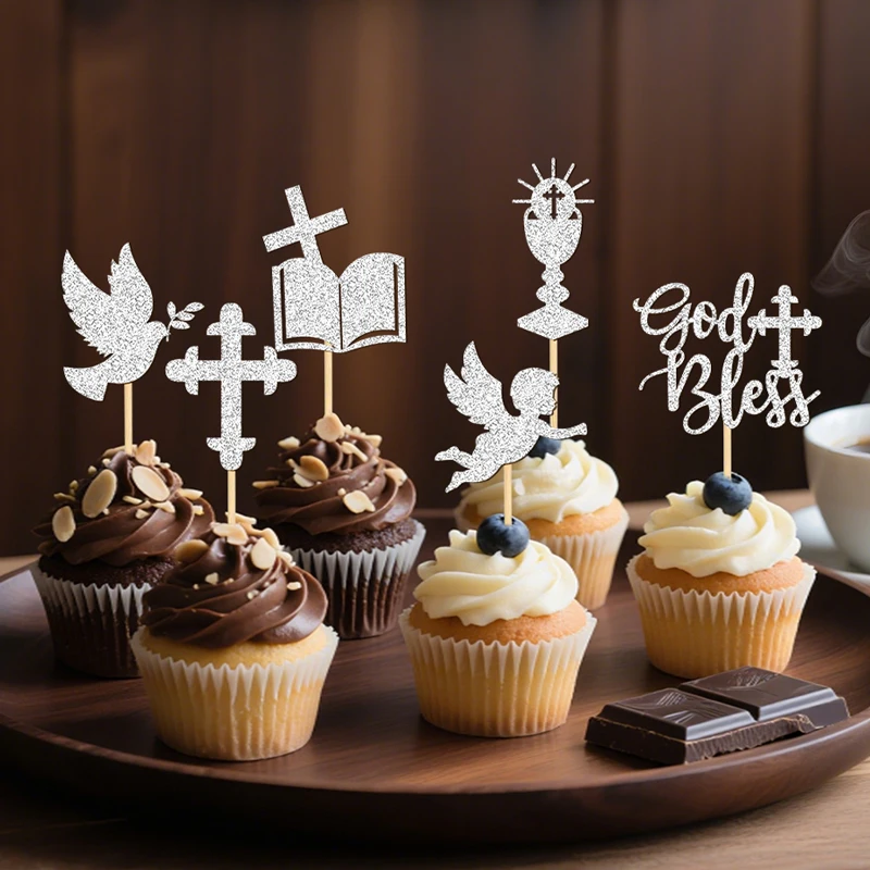 NUBECOM 24 peças decoração de cupcake divino glitter abençoe design toppers de bolo para decoração de batismo pomba anjo cálice bíblia escolhas cruzadas