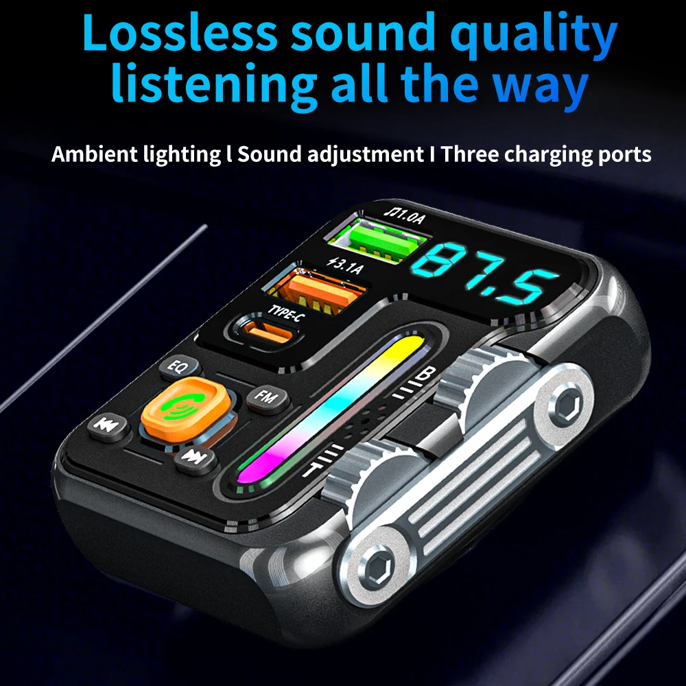 مشغل MP3 للسيارة اللاسلكية، جهاز إرسال FM، شحن سريع USB/PD 3.1A، صوت هاي فاي، شريط إضاءة للموسيقى، تصميم أسطوانة مزدوجة، شاحن سيارة