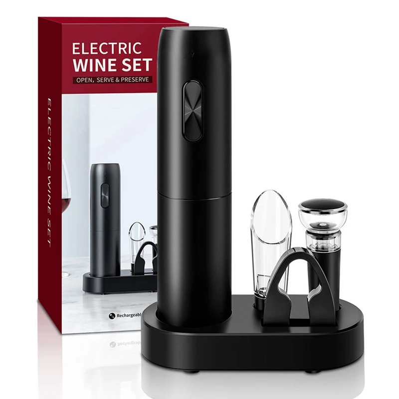 Electric Wine Opener Set With Charging Base Automatic Corkscrew With Aerator Pourer And Foil Cutter For Kitchen Party