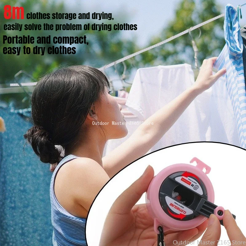 Retractable No Punch Invisible Windproof Anti Slip Clothes Drying Rope 8M Outdoor Portable Hand Crank Clothesline for Travel