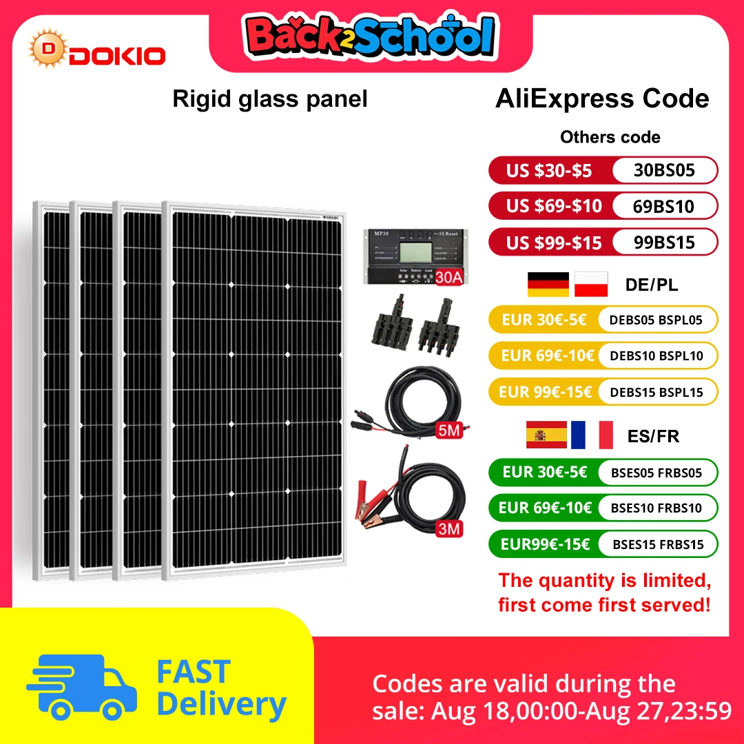 Dokio 18V 100W 200W 400W Impermeabile Nuovo Set di pannelli solari rigidi Controller per carica domestica 12V Batteria per auto monocristallina Cina